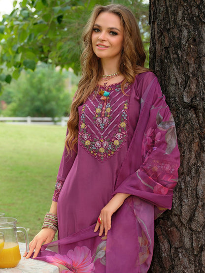 Floral Embroidered Thread Work Tieup Neck A-Line Kurta With Trousers & Dupatta