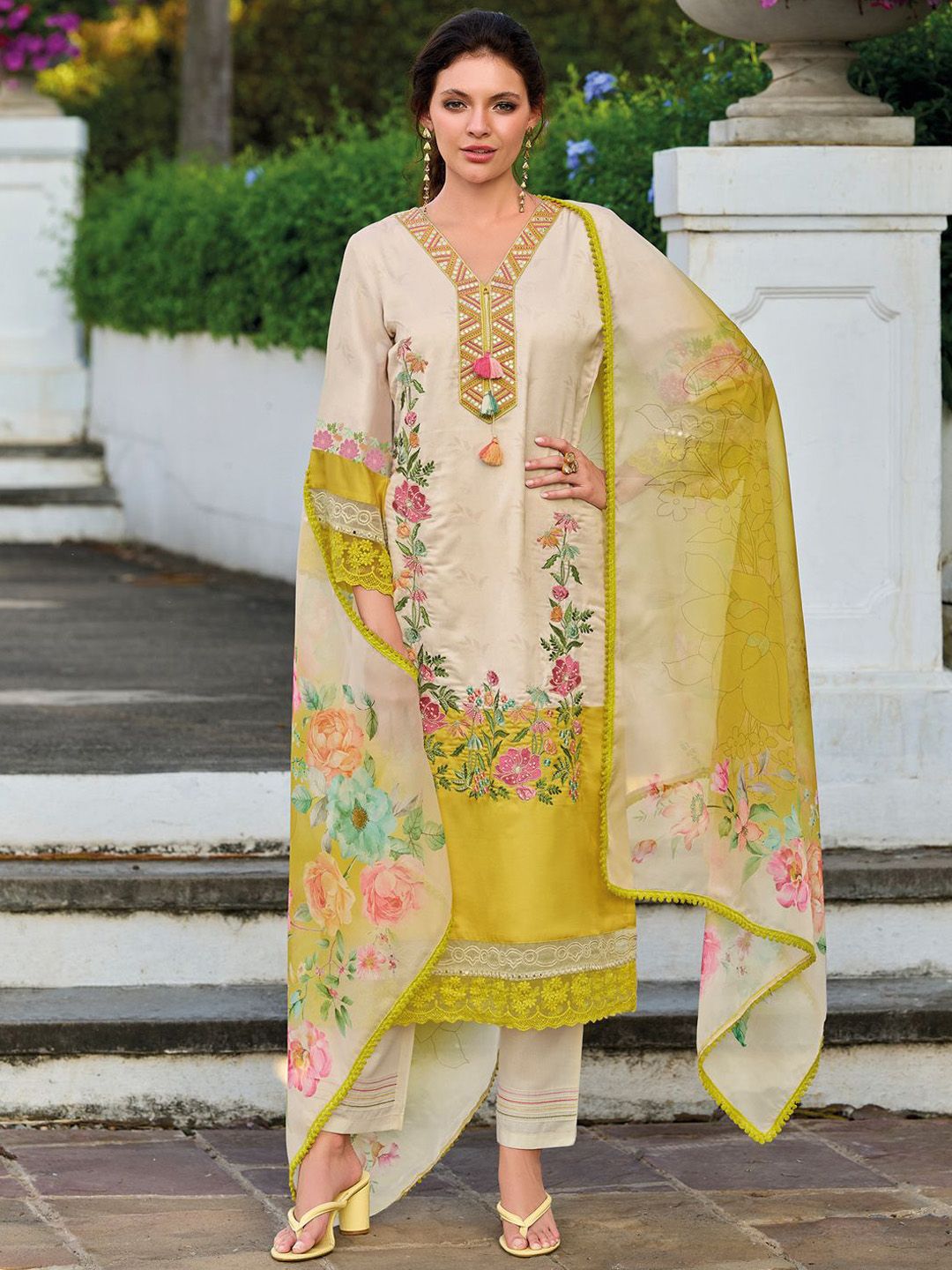 Floral Embroidered Mirror Work Straight Kurta With Trousers & Dupatta