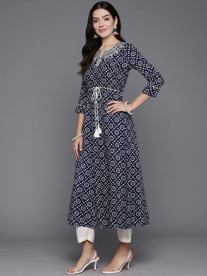 Dhiyona IE Floral Printed Notch Neck A-line Kurta