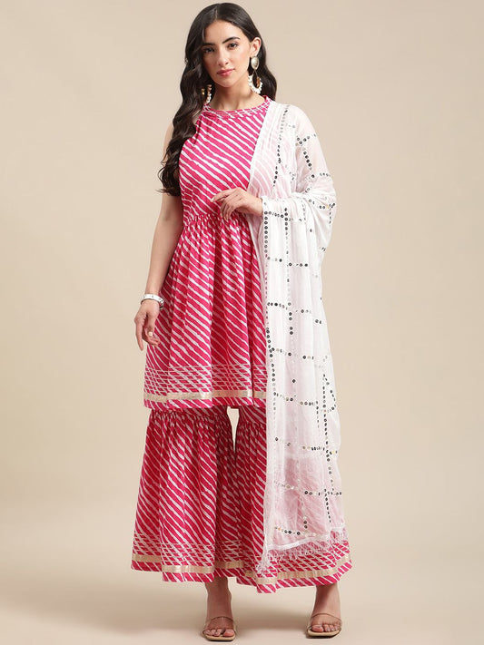 Dhiyona VA Women's Pink Leheriya Printed Mirror Work Kurti with Sharara & With Dupatta