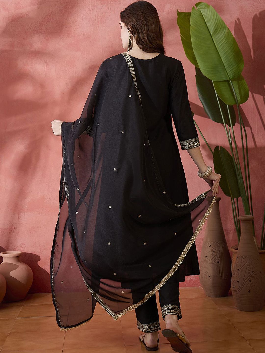 Dhiyona SN Women's Floral Embroidered Round Neck A-Line Kurta With Trousers & Dupatta