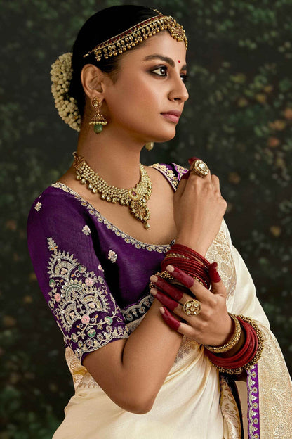 Dhiyona KM Women Off-White Banarasi Dola Silk Saree With Golden Zari Work