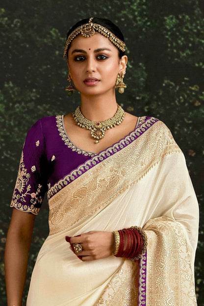 Dhiyona KM Women Off-White Banarasi Dola Silk Saree With Golden Zari Work