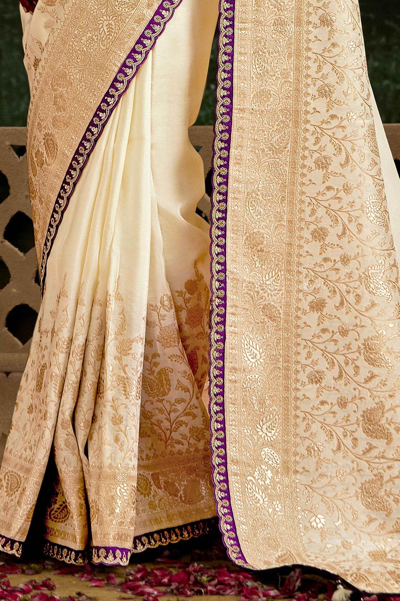 Dhiyona KM Women Off-White Banarasi Dola Silk Saree With Golden Zari Work