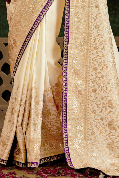 Dhiyona KM Women Off-White Banarasi Dola Silk Saree With Golden Zari Work