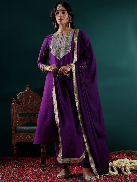 Dhiyona VA Women's Floral Embroidered Regular Chanderi Silk Kurta with Trousers & With Dupatta