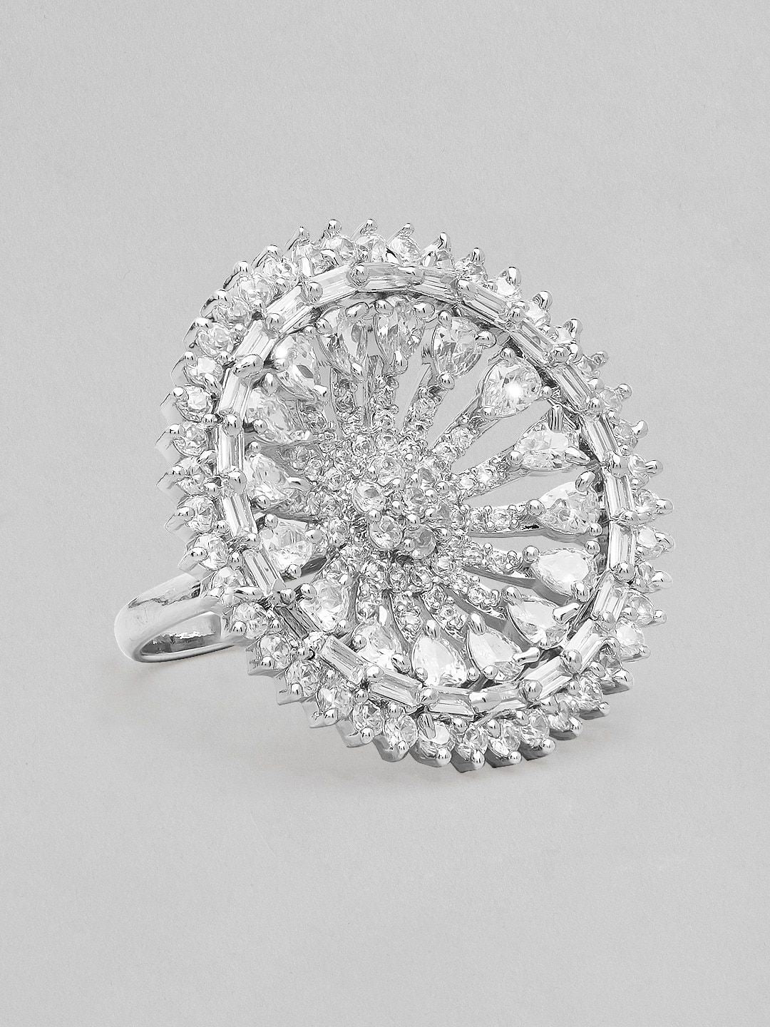Dhiyona RJ Women's Silver-Plated White AD-Studded Finger Ring