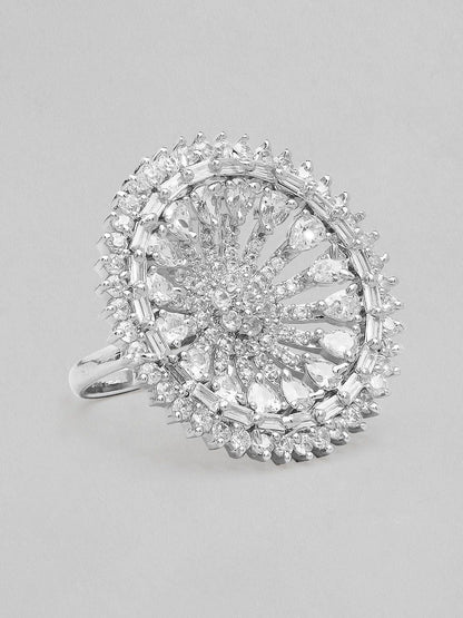 Dhiyona RJ Women's Silver-Plated White AD-Studded Finger Ring