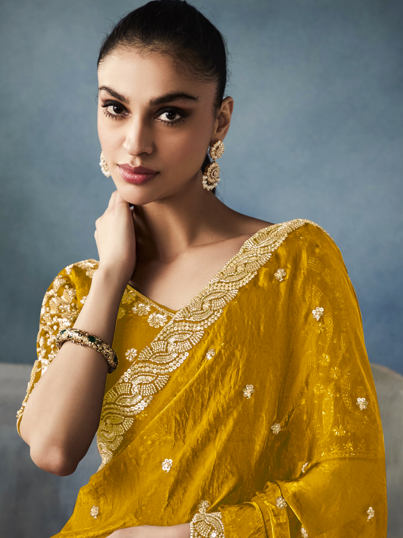 Dhiyona KM Women Yellow Tissue Embroidered Fancy Heavy Border Saree