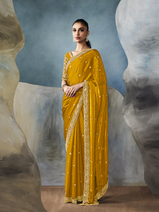 Dhiyona KM Women Yellow Tissue Embroidered Fancy Heavy Border Saree