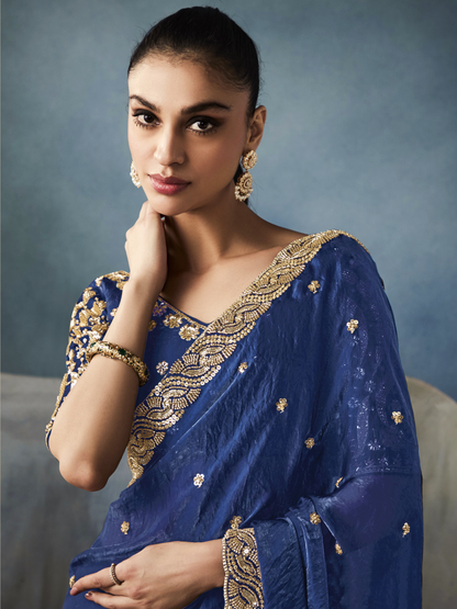 Dhiyona KM Women Navy Blue Tissue Embroidered Fancy Heavy Border Saree