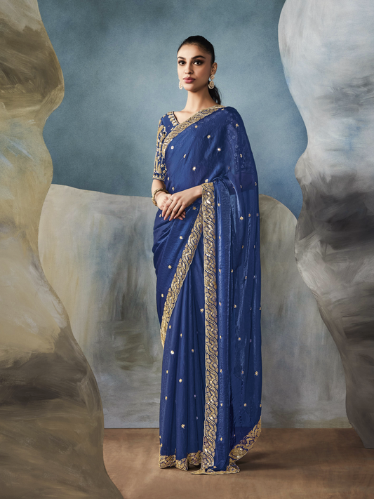 Dhiyona KM Women Navy Blue Tissue Embroidered Fancy Heavy Border Saree