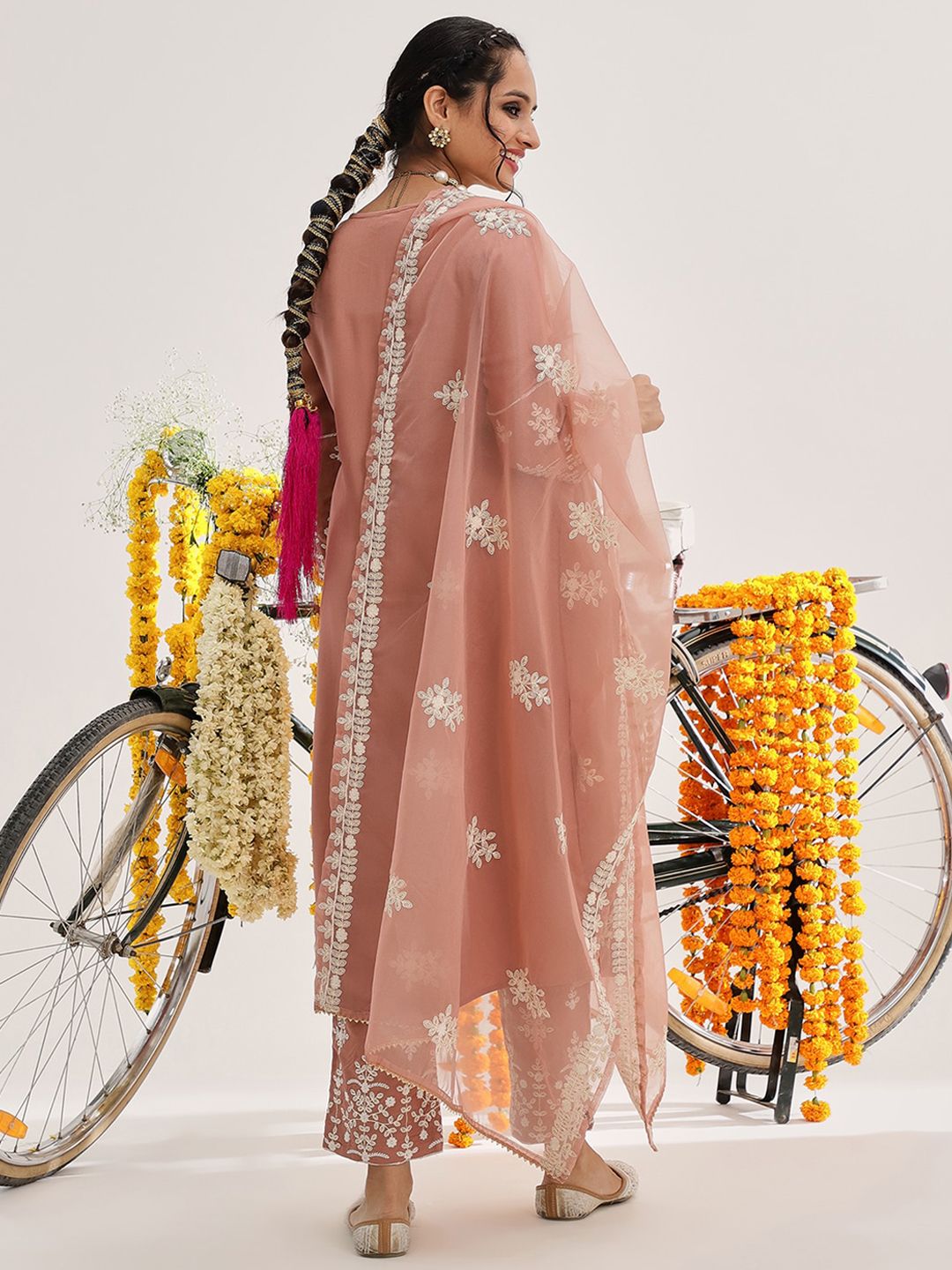 Dhiyona VA Women'sEthnic Motifs Embroidered Thread Work Pure Cotton Kurta & Trousers With Dupatta