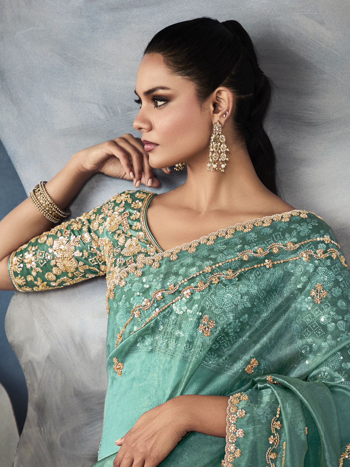 Dhiyona KM Women Sea Green Tissue Embroidered Fancy Heavy Border Saree