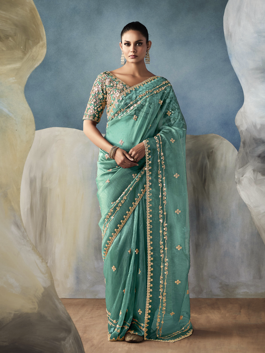 Dhiyona KM Women Sea Green Tissue Embroidered Fancy Heavy Border Saree