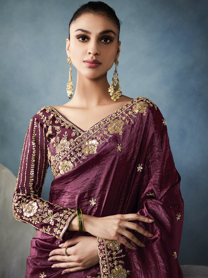 Dhiyona KM Women Wine Tissue Embroidered Fancy Heavy Border Saree