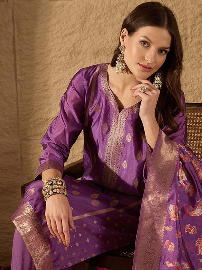 Dhiyona PD Women Woven Design Sweetheart Neck Straight Kurta With Trouser And Dupatta
