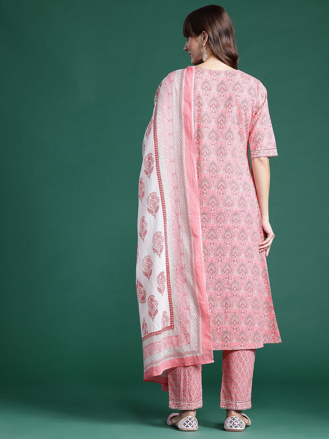 Ethnic Motifs Printed Angrakha Pure Cotton Kurta With Trousers & Dupatta