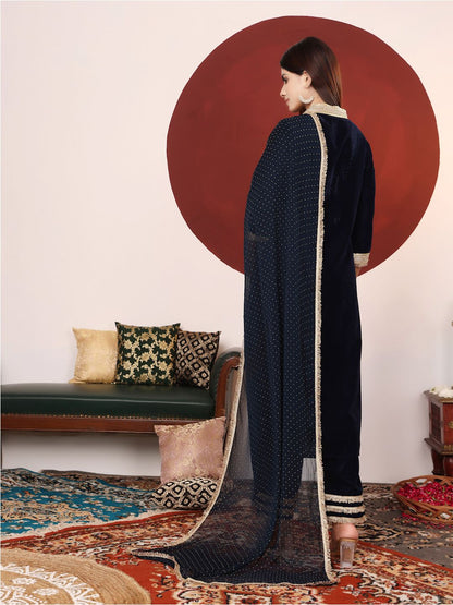 Dhiyona VA Women'sNavy Blue Embroidered Sequined Straight Kurta with Trousers & Dupatta