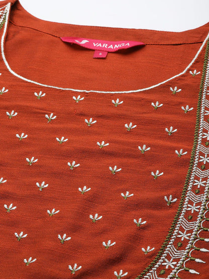 Dhiyona VA Women's Maroon Yoke Embroidered Kurta with Trouser & Printed Dupatta