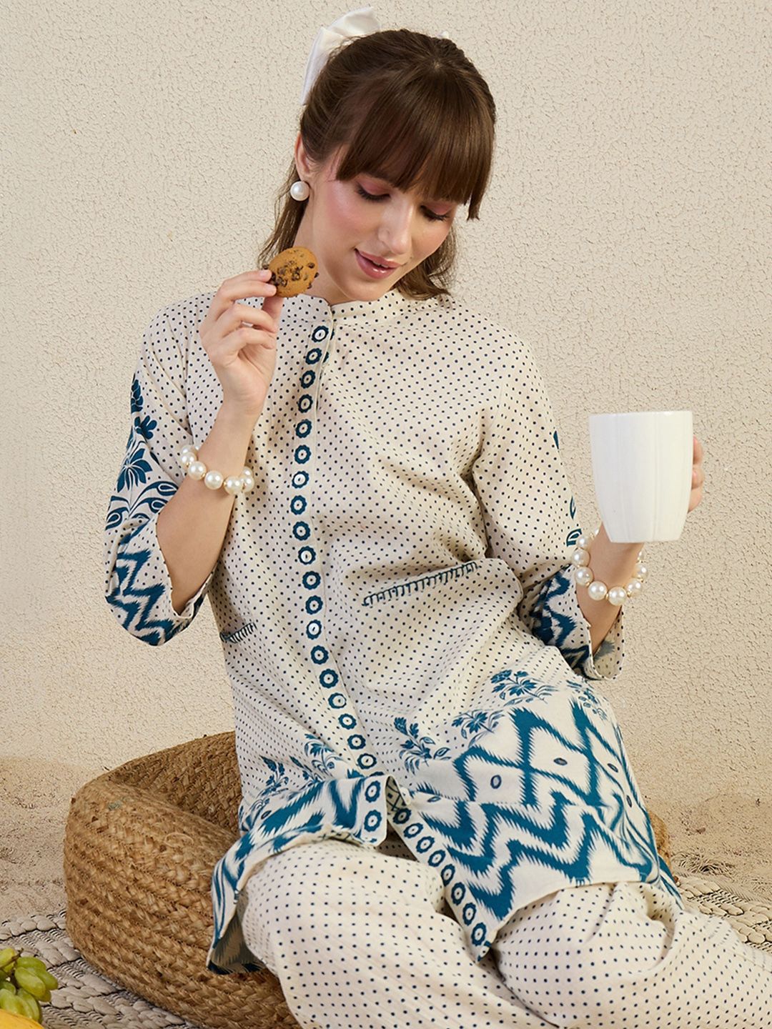 Dhiyona IE Printed Mandarin Collar A-Line Top with Trousers Co-Ords