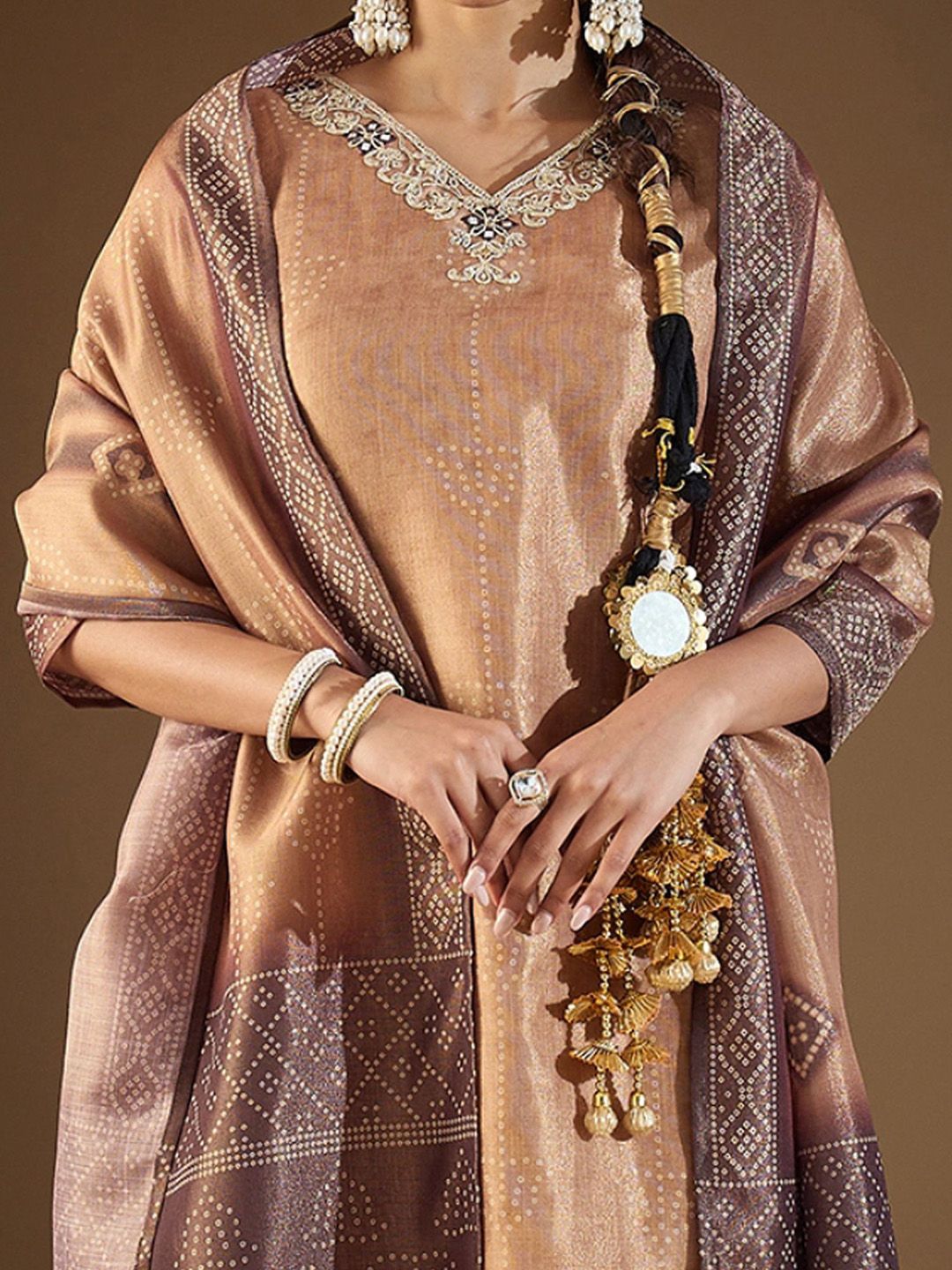 Women Bandhani Printed Regular Sequinned Kurta with Trousers & With Dupatta