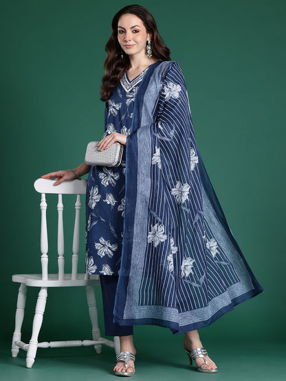 Floral Printed Regular Pure Cotton Kurta with Trousers & Dupatta