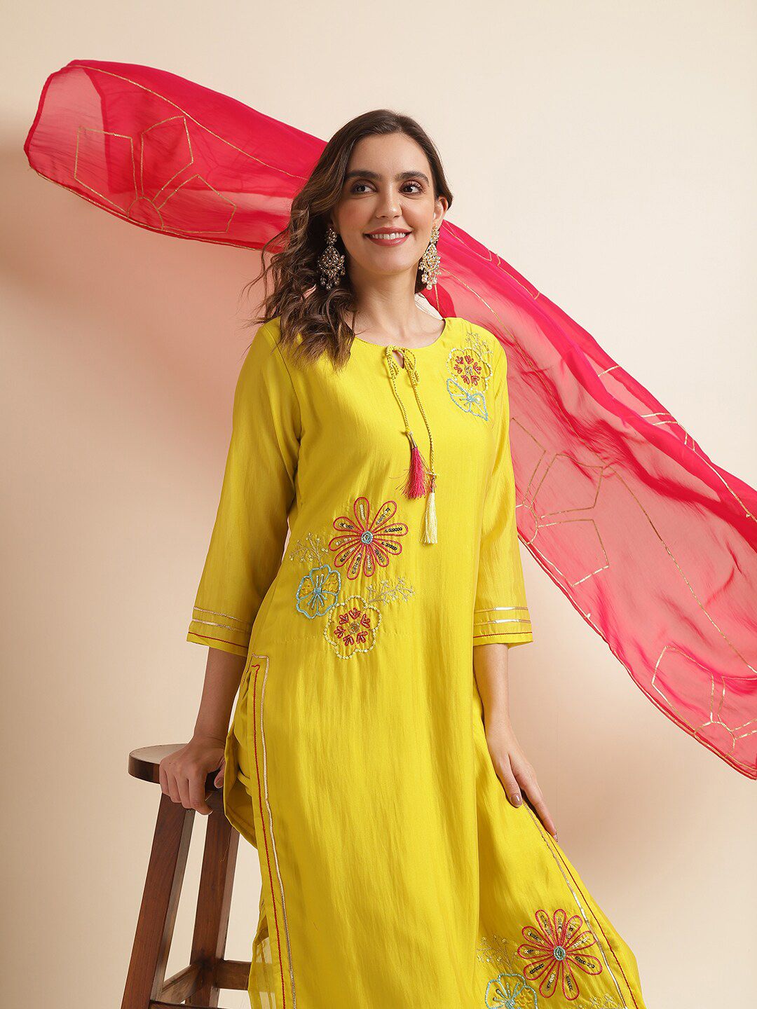 Dhiyona IS Women's Women Yellow & Pink Floral Embroidered Sequinned Kurta With Trousers & Dupatta