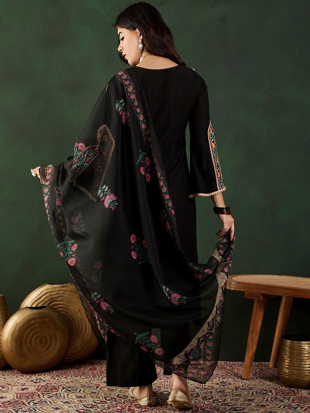 Dhiyona SN Women's Sequence Embroidered A-Line Kurta & Trousers With Dupatta