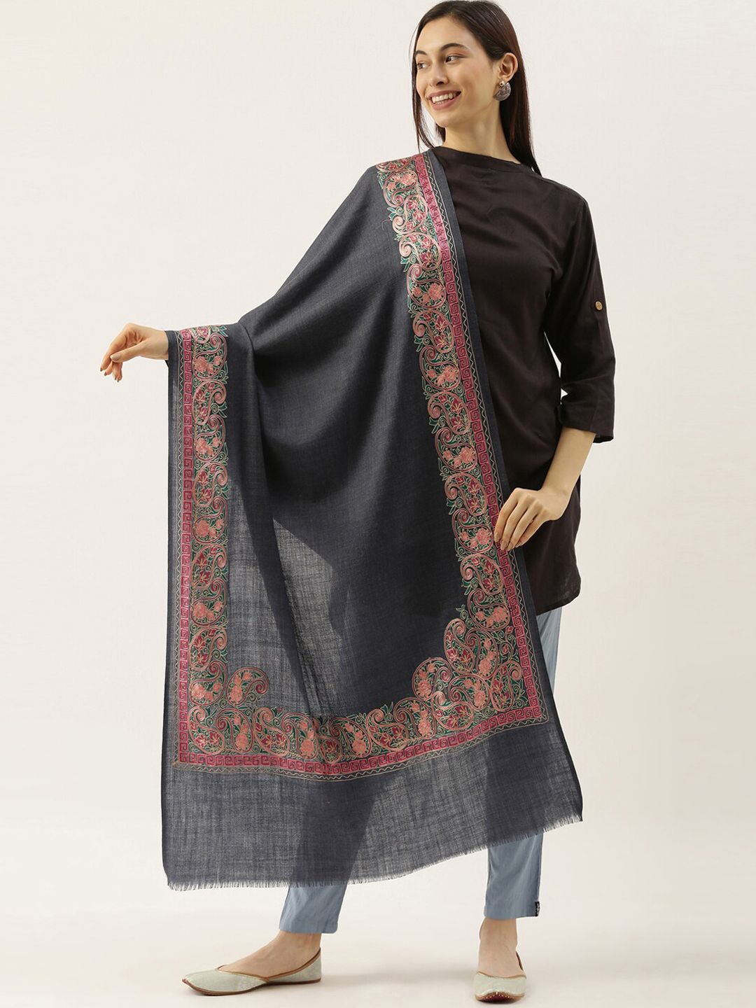 Dhiyona PA Women Navy-Blue & Pink Embroidered Pure Wool Shawl