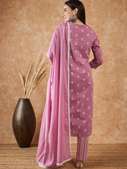 Dhiyona SN Women's Floral Printed Pure Cotton Kurta With Trousers & Dupatta