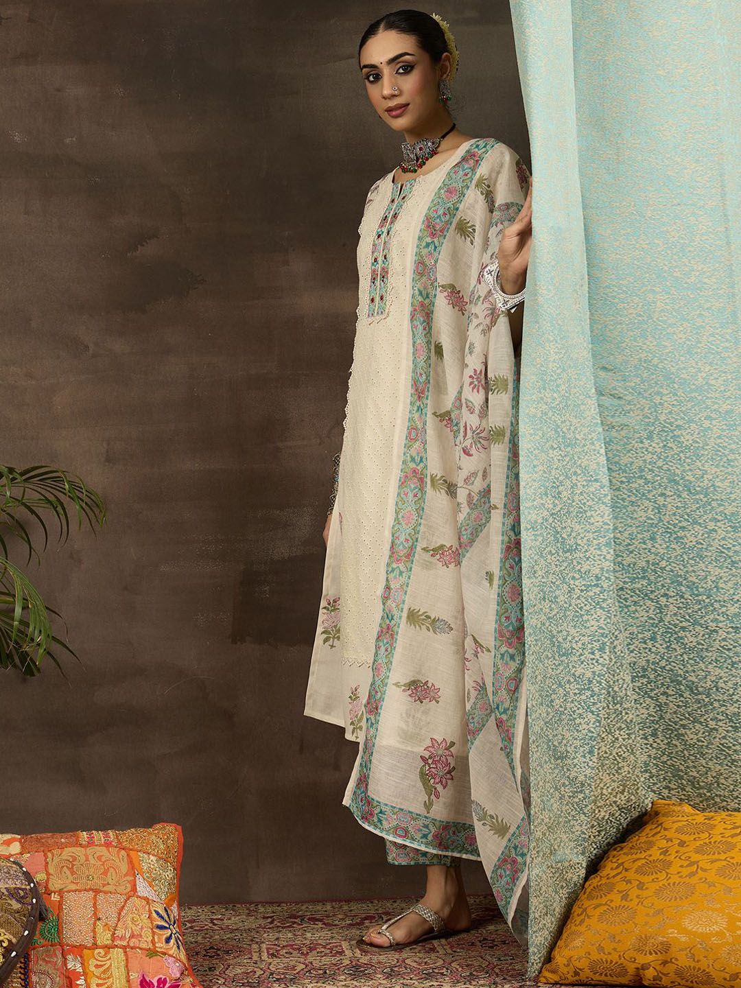 Dhiyona IE Floral Printed Notch Neck Mirror Work Straight Kurta With Trousers & Dupatta