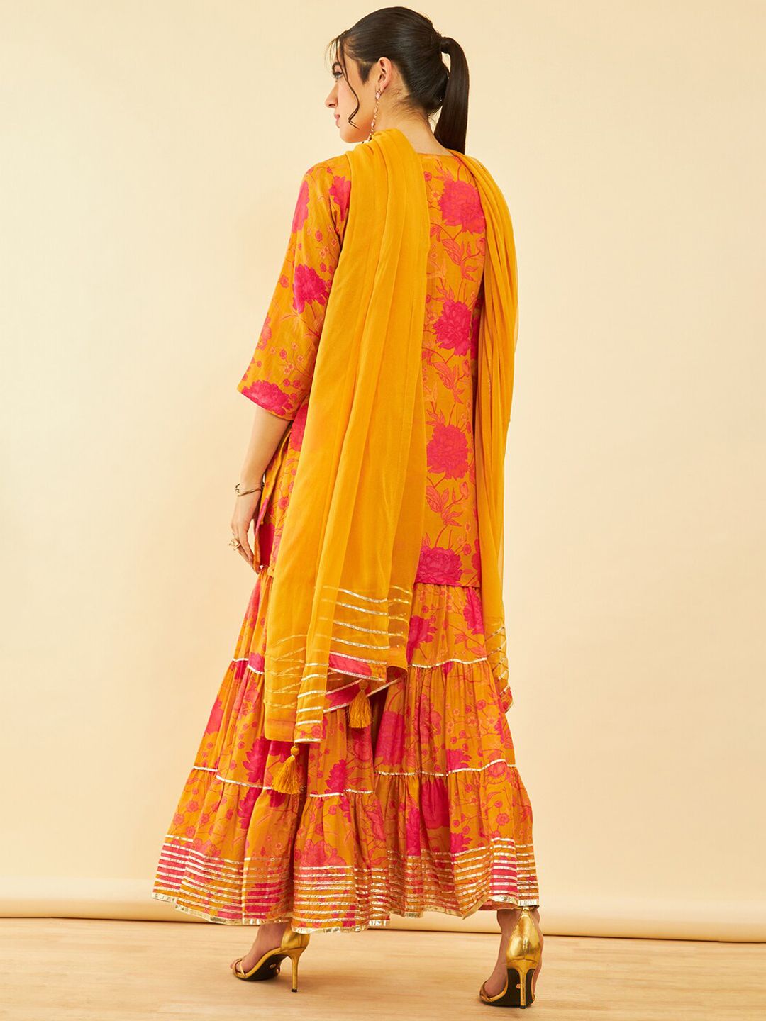 Dhiyona SO Women's Floral Printed Regular Zardozi Kurta with Sharara & Dupatta