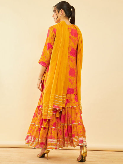 Dhiyona SO Women's Floral Printed Regular Zardozi Kurta with Sharara & Dupatta
