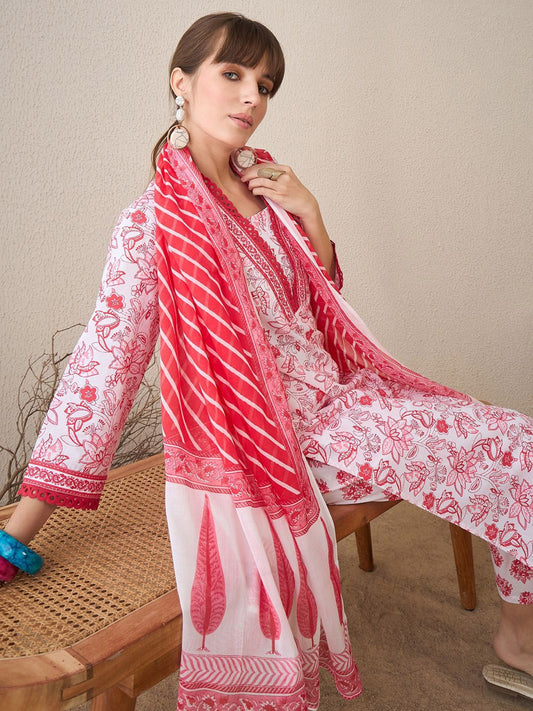 Dhiyona IE Women Floral Printed Regular Pure Cotton Kurta with Trousers & With Dupatta