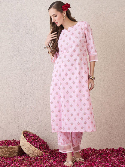 Dhiyona IE Floral Printed Round Neck Pure Cotton Straight Kurta With Trouser
