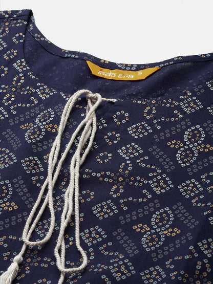 Dhiyona IE Bandhani Foil Printed Tie-Up Neck Indigo Kurta
