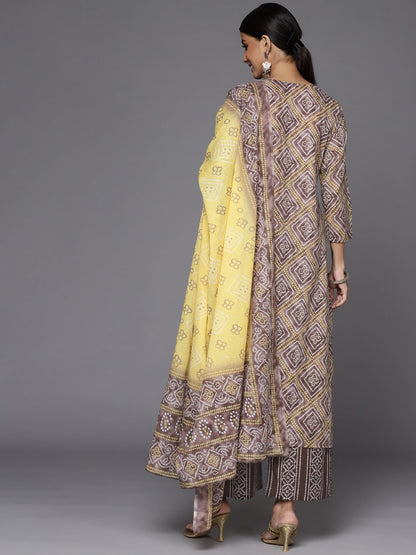 Dhiyona VA Women's Brown Bandhani Printed Gotta Patti Pure Cotton Kurta with Palazzos & With Dupatta