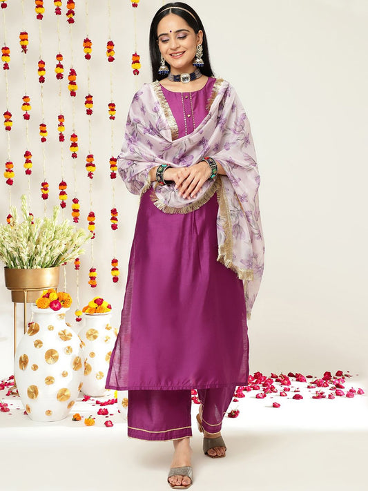 Dhiyona VA Women'sRound Neck Regular Kurta with Trousers & With Dupatta