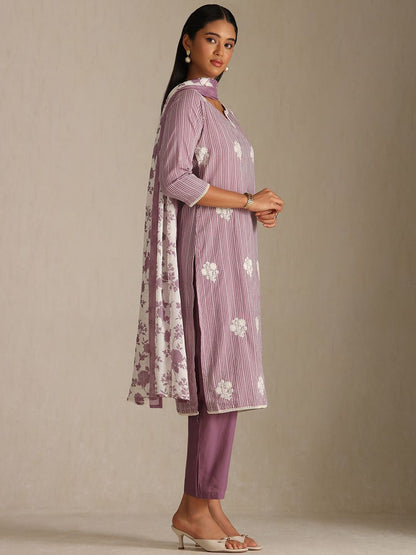 Dhiyona SO Women's Women Striped Regular Thread Work Pure Cotton Kurta Trousers With Dupatta