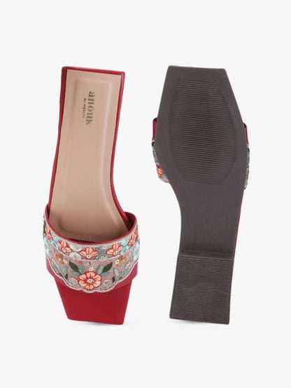 Dhiyona AK Red & Green Ethnic Embroidered Open Toe Flats