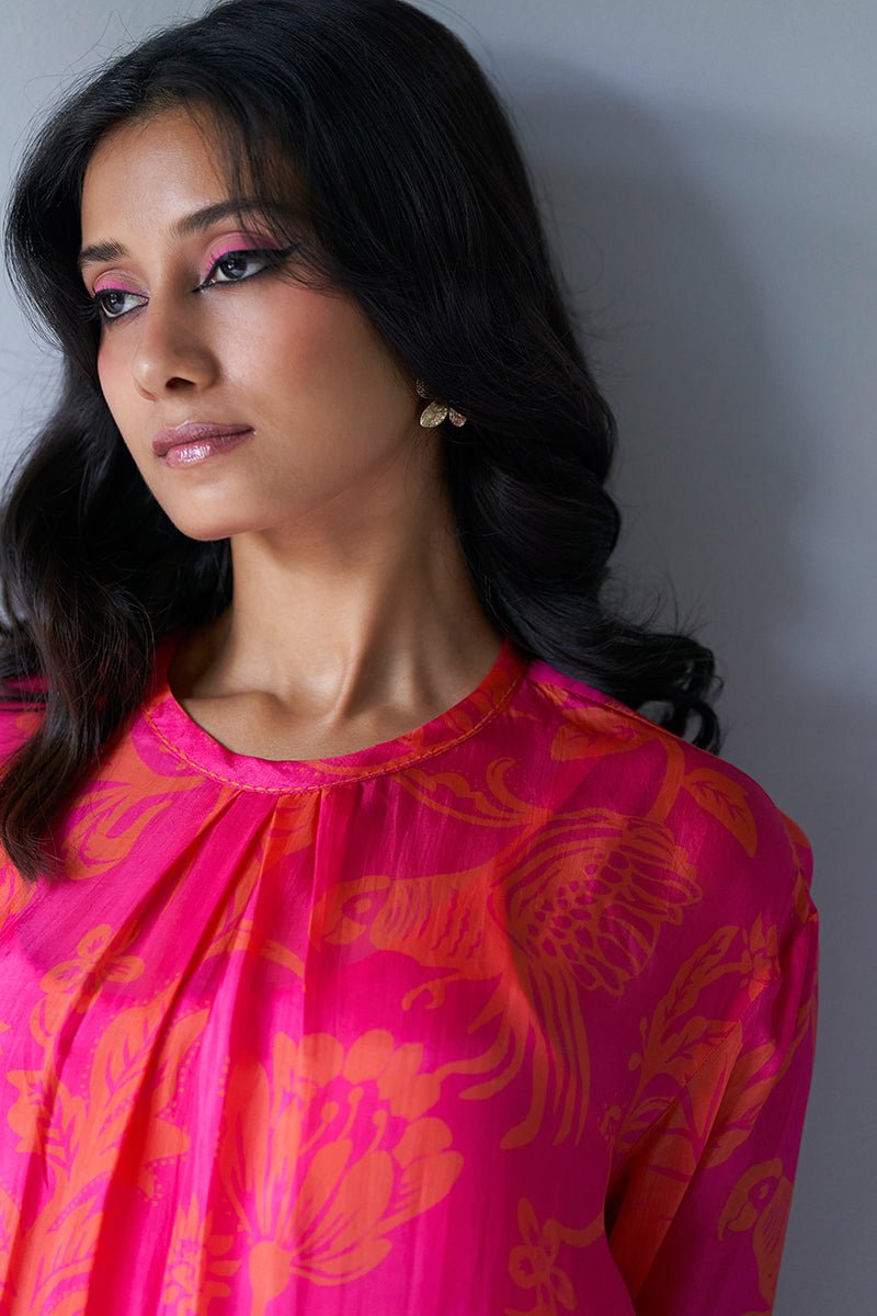 Women's Hot Pink and Orange Bemberg Silk Printed Co-ord Set