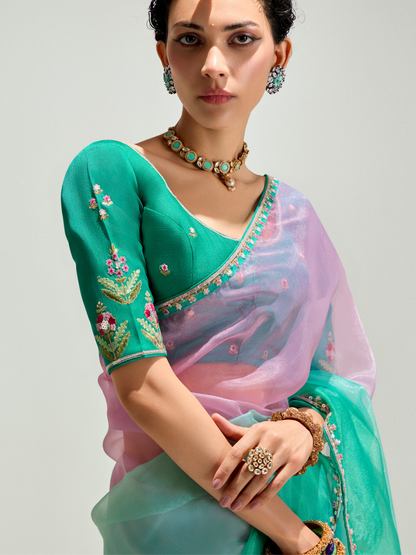 Dhiyona KM Women Teal Shade Organza Saree