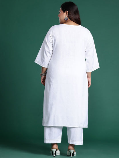 Dhiyona IE Plus Size Floral Embroidered Sequinned Pure Cotton Kurta with Trousers
