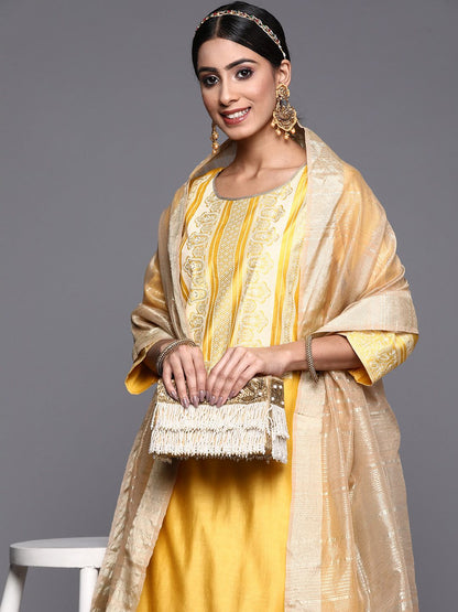 Women Yellow Printed Liva Kurta with Palazzos & With Dupatta