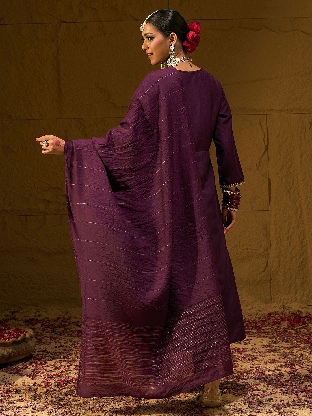 Dhiyona IE Burgundy Floral Embroidered Sequinned Dobby Weave Kurta with Trousers & Dupatta