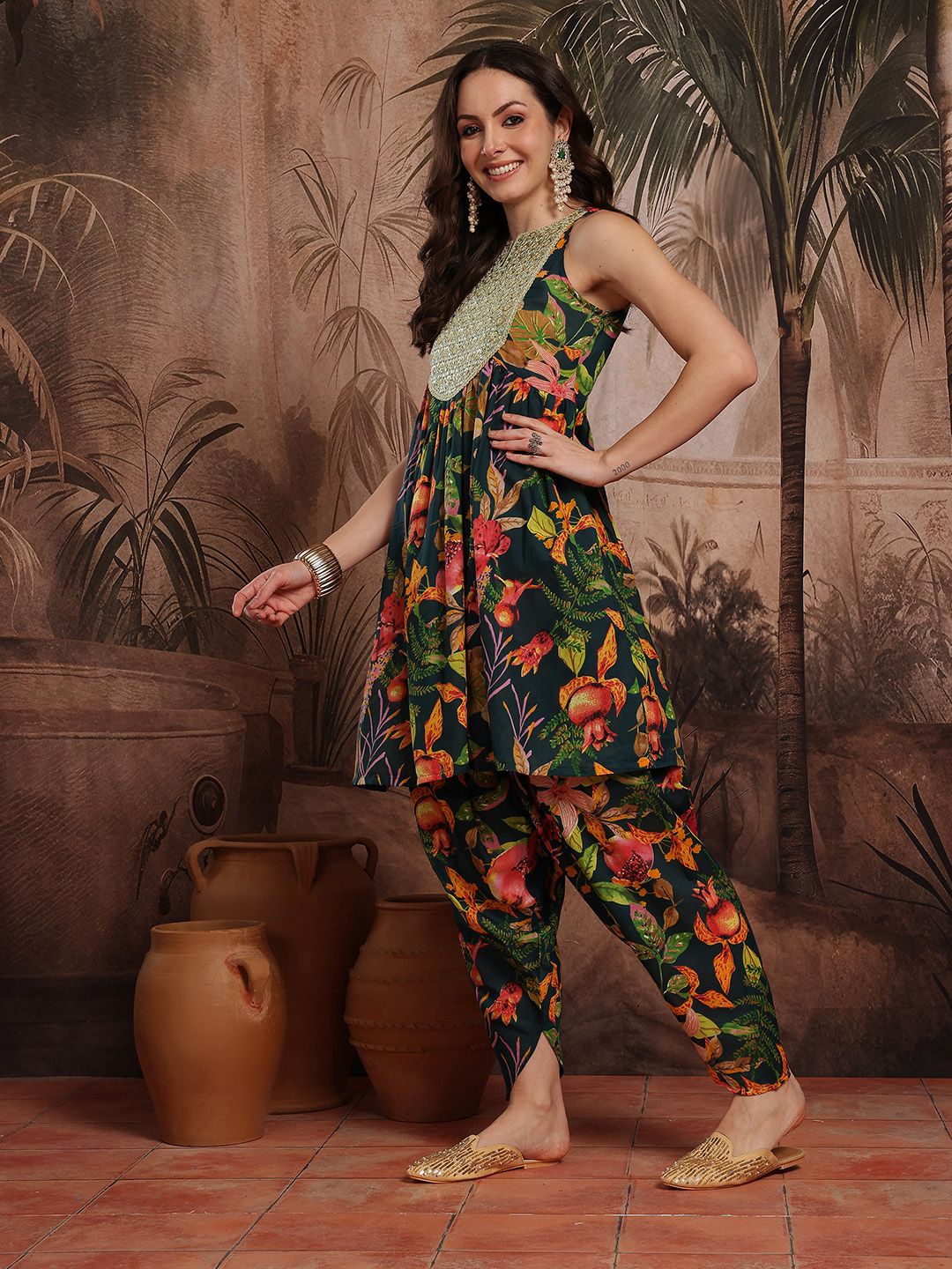 Dhiyona SN Women's Floral Printed Pleated Sequinned Kurta with Dhoti Pants & Dupatta