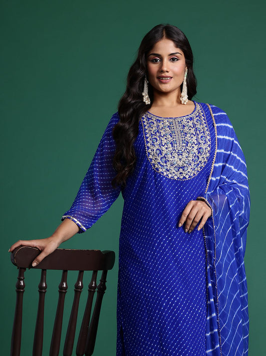 Dhiyona IE Plus Size Leheriya Printed Zari Kurta with Trousers & Dupatta