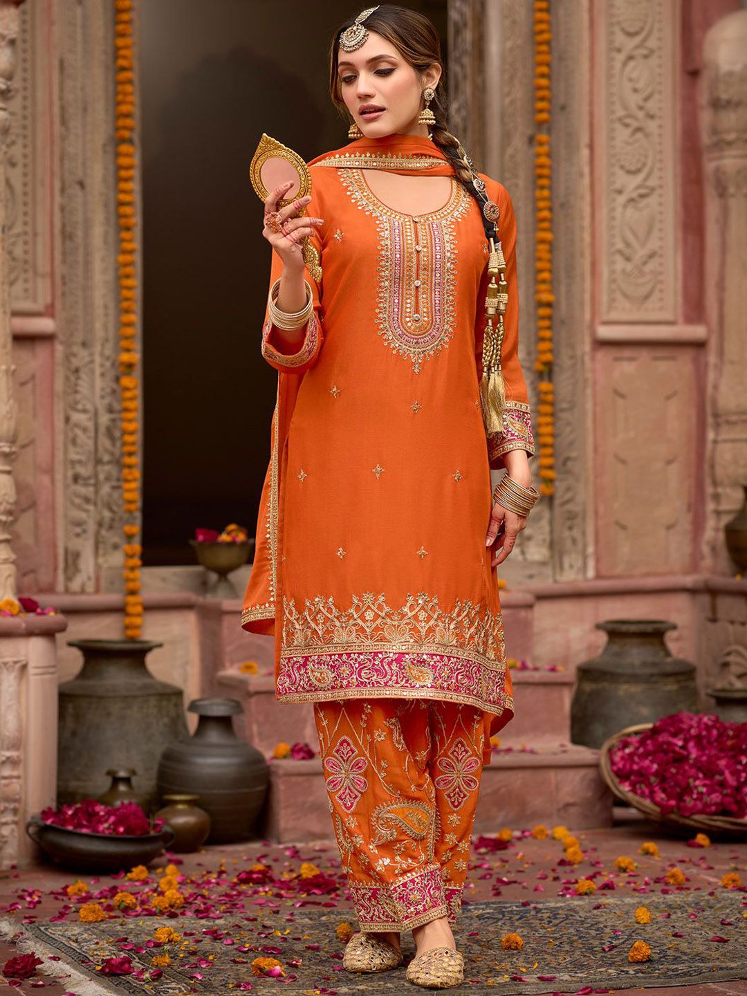 Dhiyona IE Floral Embroidered Sequinned Chinon Straight Kurta With Trousers & Dupatta