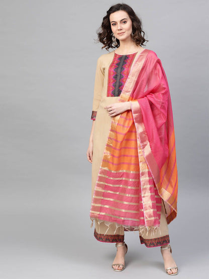 Women Beige & Pink Yoke Design Kurta with Palazzos & Dupatta